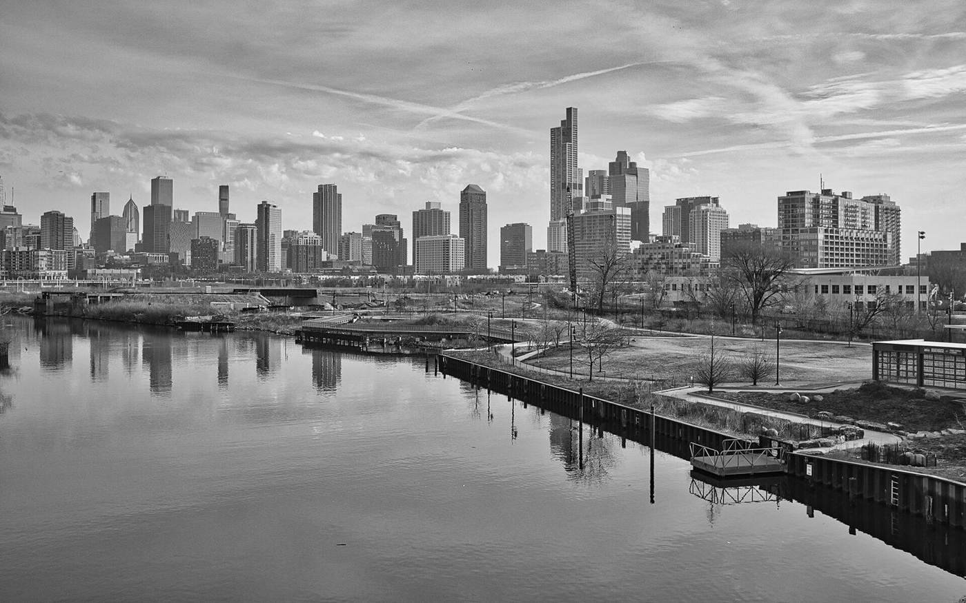 Chicago skyline over the South Branch of the Chicago River, where we price commercial construction bids