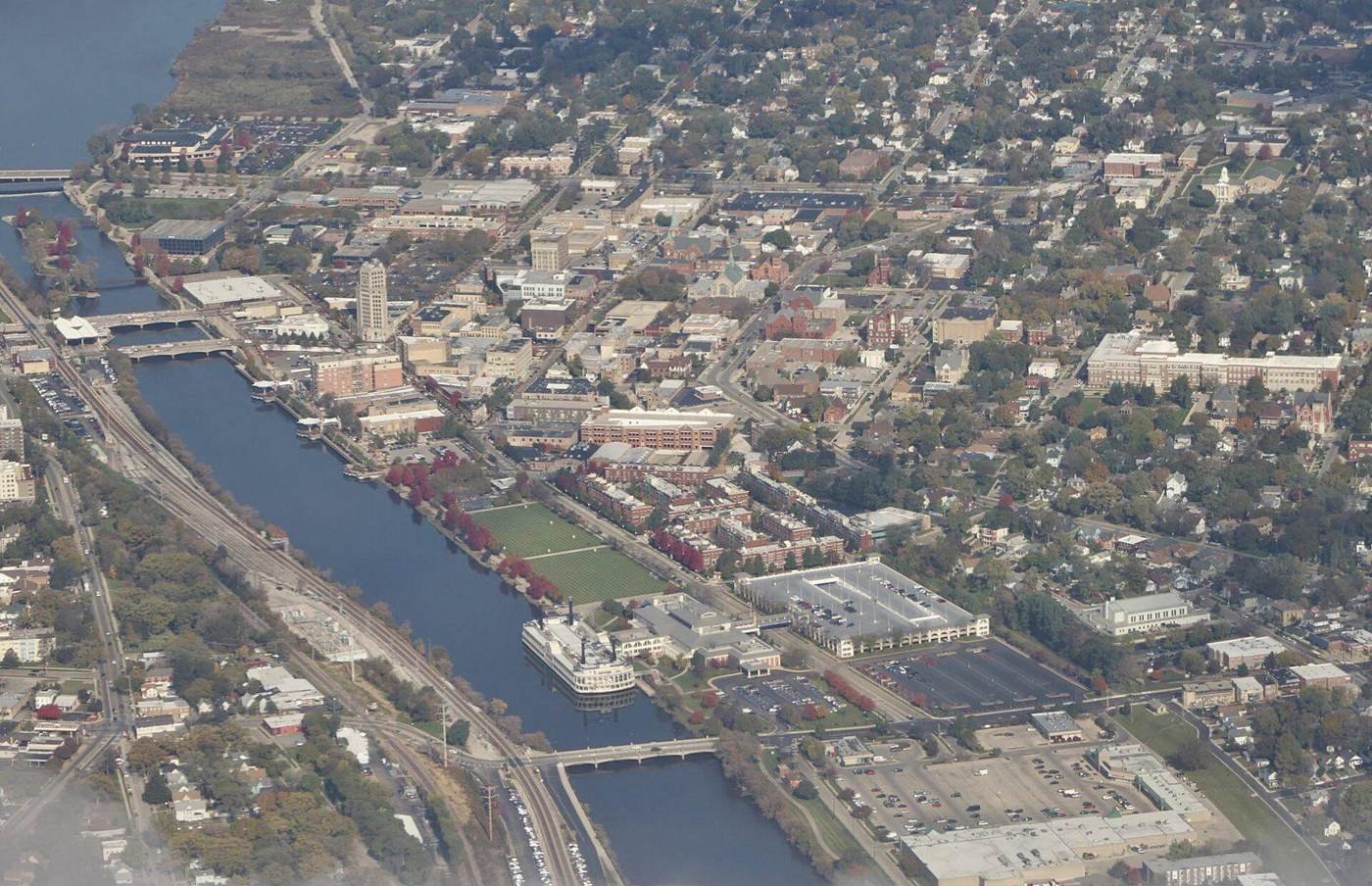 Aerial view of downtown Elgin along the Fox River