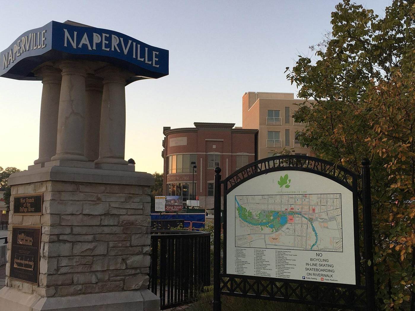 Downtown Naperville Riverwalk entrance on Water Street in DuPage County, Illinois